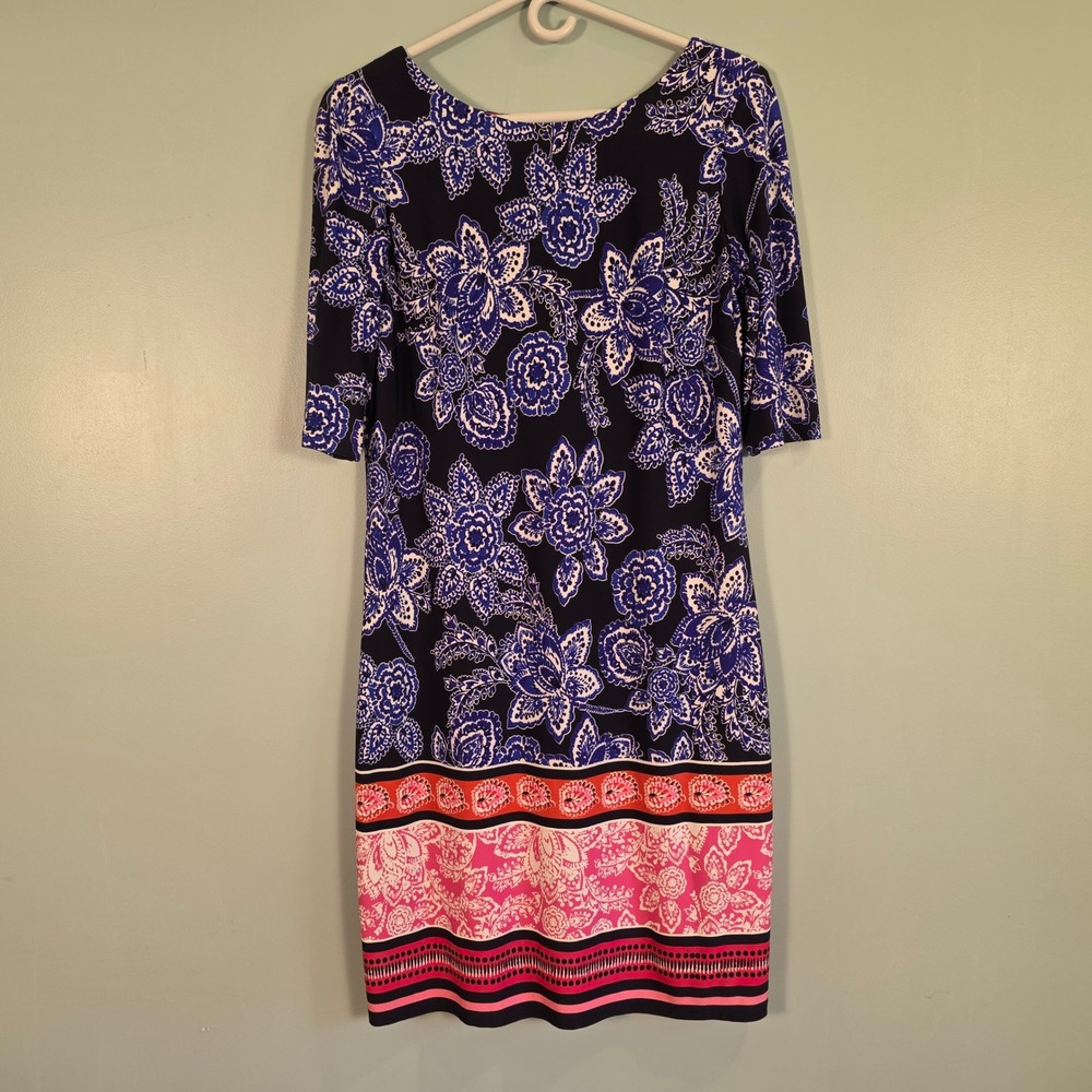 Eliza J Navy Blue Floral Border Print Shift Dress Gold Zipper Size 6 Office